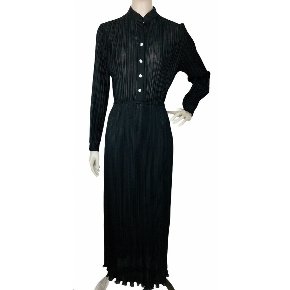 Vintage 70s Hal Ferman Black Accordion Pleat Gothic Witchycore Hostess Dress S/M